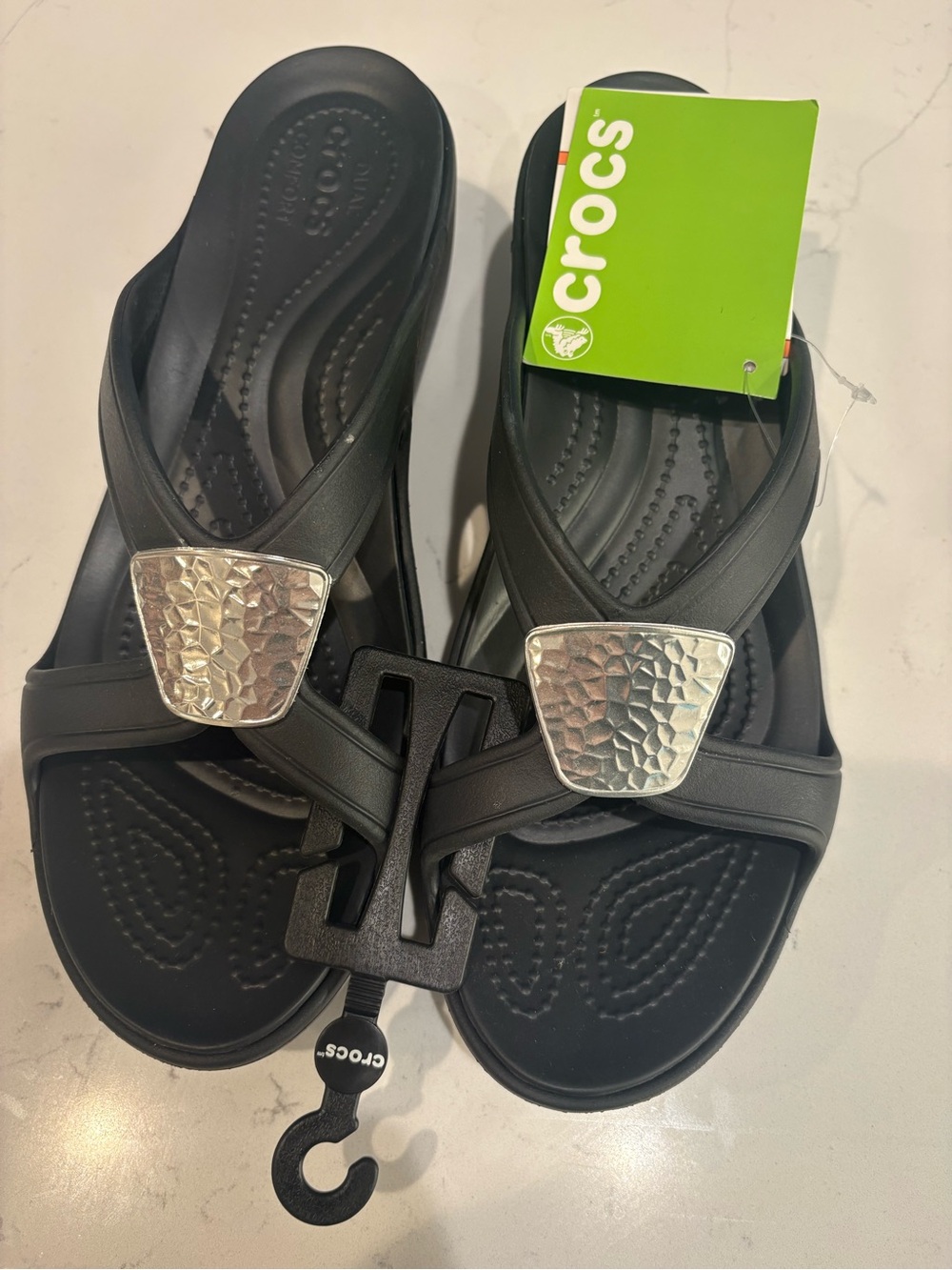 CROCS Sanrah Embellished Wedge Black Sandals with Silver Metallic Accents